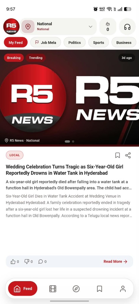 R5 News home feed with a place selector, category tabs, a story, and actions to react, comment, share, and read more.