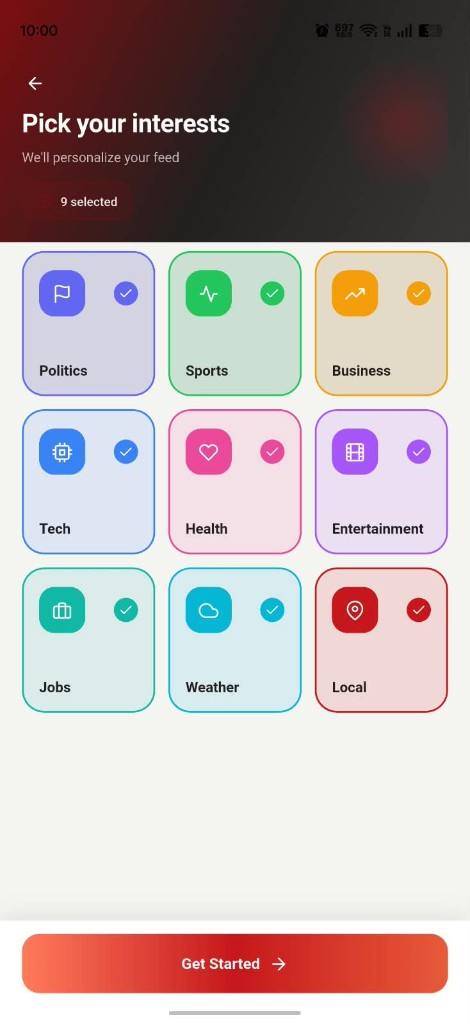 Pick your interests with Politics, Sports, Business, Tech, Health, Entertainment, Jobs, Weather, and Local selected.
