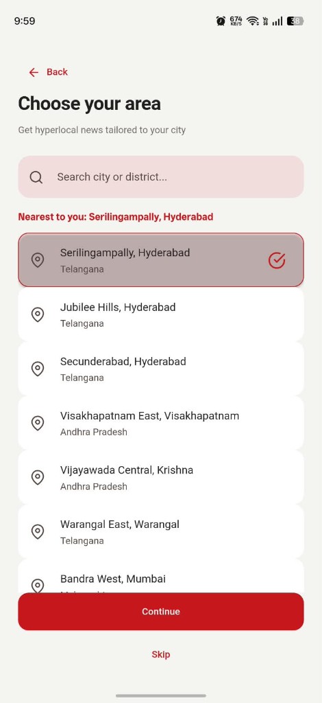 Choose your area, with a search field, the nearest place, and a list of cities and districts.