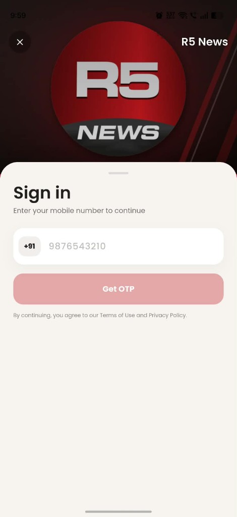 Sign in sheet asking for a mobile number before sending a one-time code.