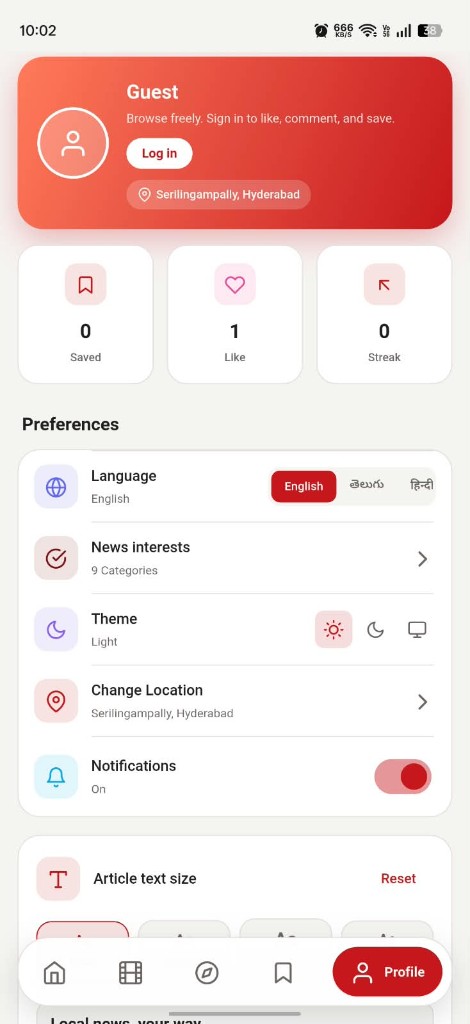 Guest profile with language, interests, theme, location, notifications, and article text size.