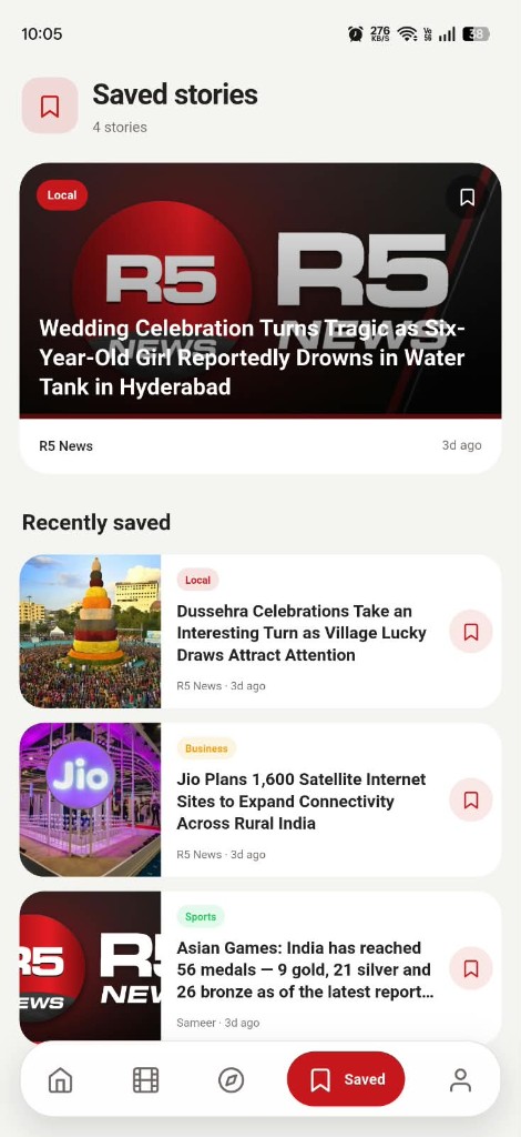 Saved stories with a featured story and a recently saved list.